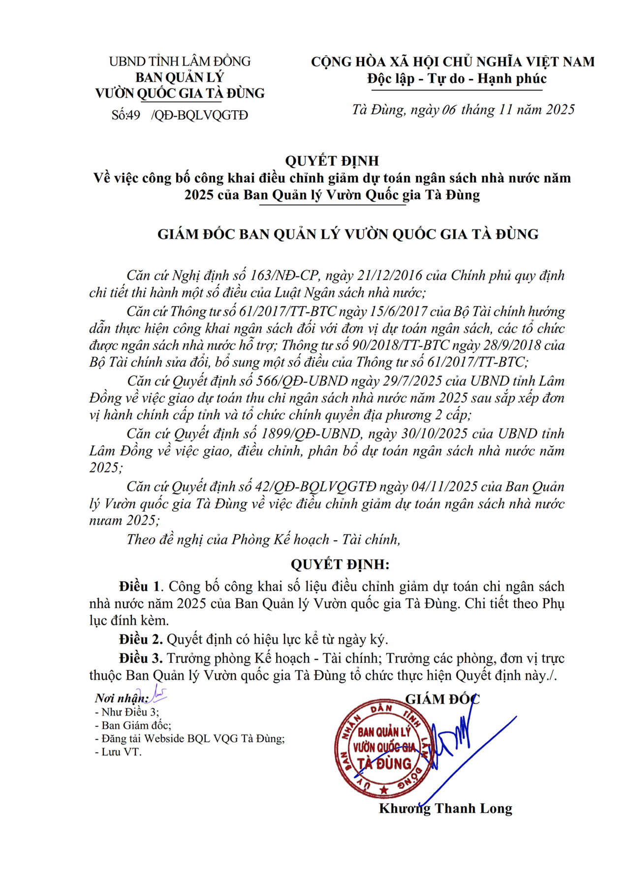 Quyết định công bố công khai số liệu giảm dự toán NSNN 2025 001