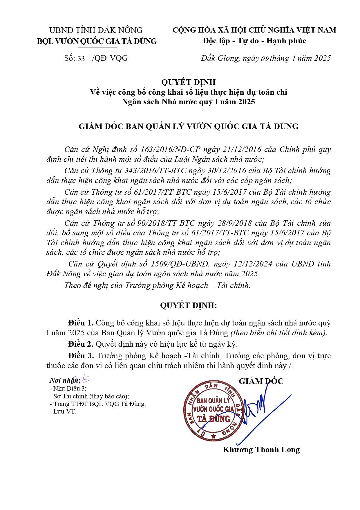 quyết đinh công khai tình hình sử dụng NSNN quý 1 năm 2025 page-0001