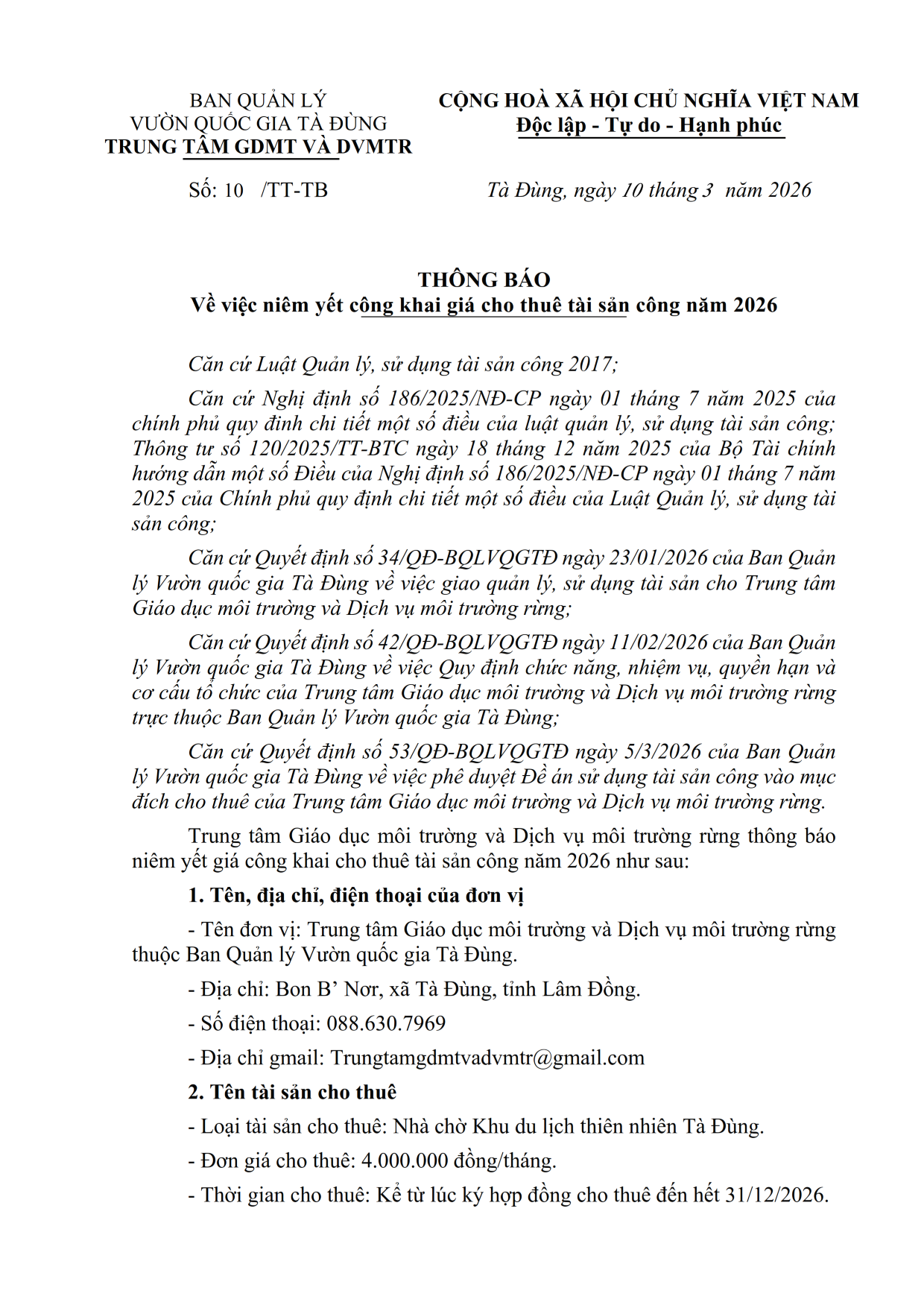 THÔNG BAO CHO THUÊ 001