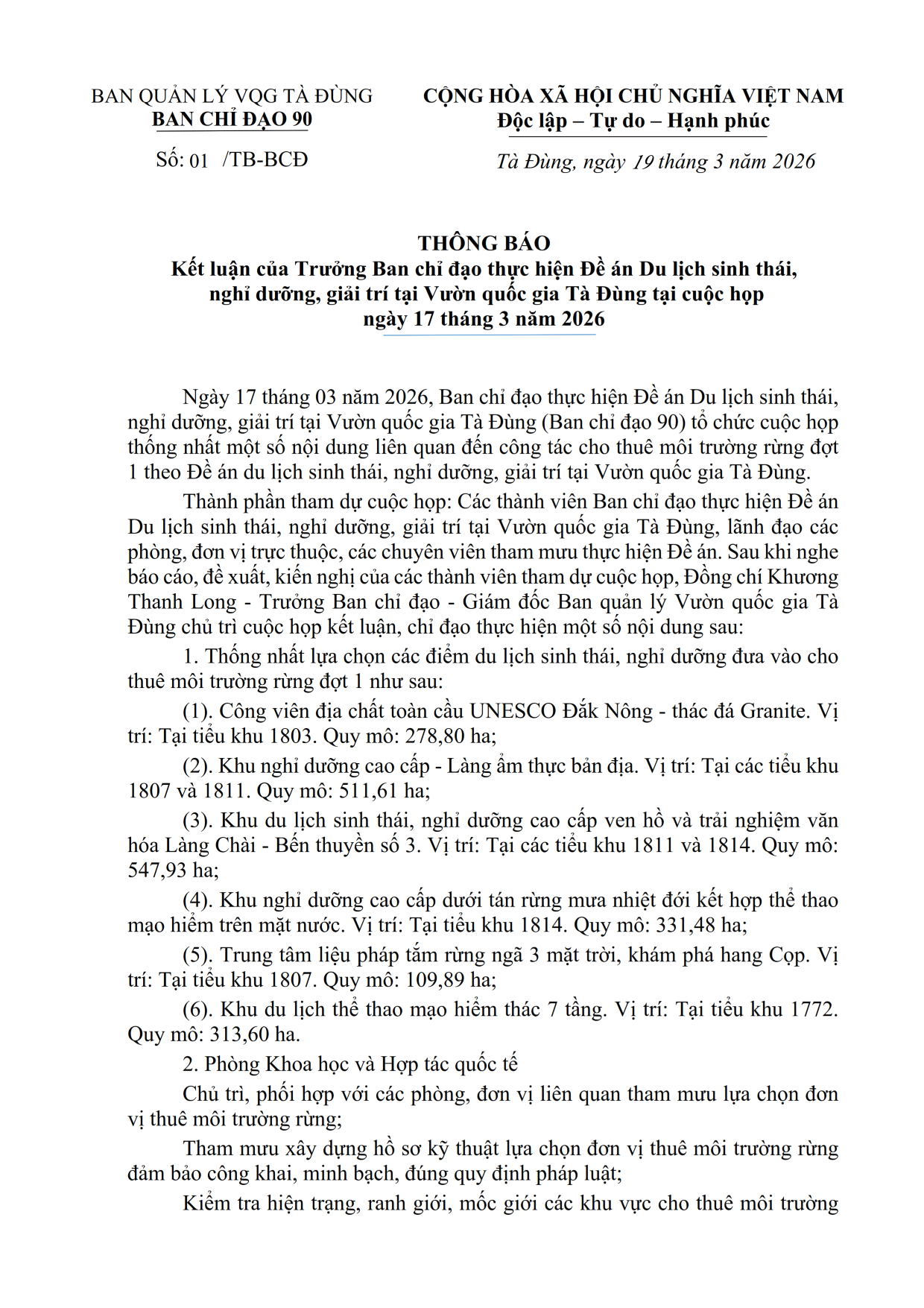 THÔNG BÁO KẾT LUẬN CỦA BAN CHỈ ĐẠO ĐỀ ÁN 001